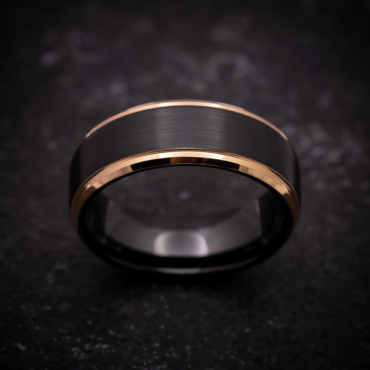 Black Tungsten Ring with Rose Gold Edges