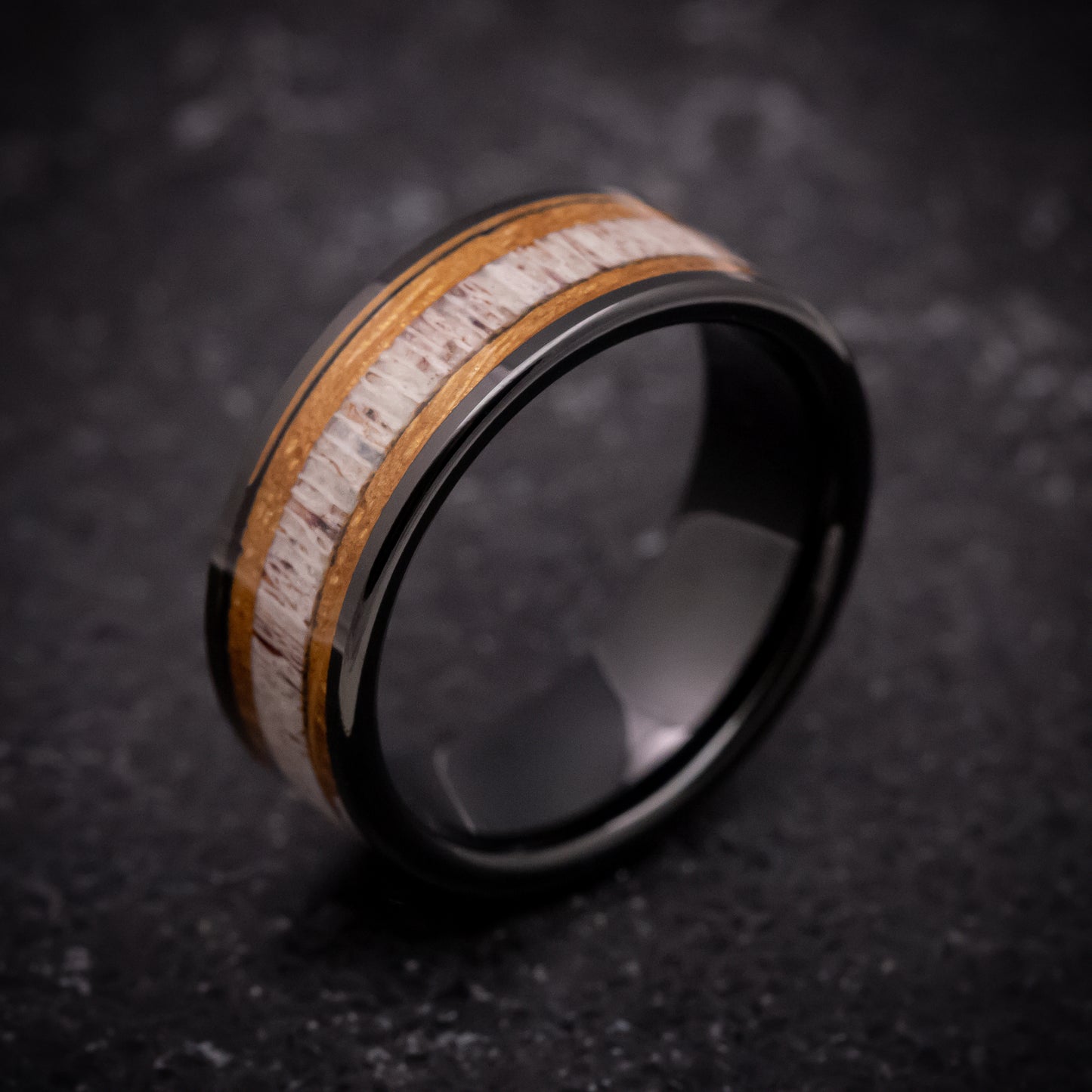 Black Tungsten Ring with Whiskey Barrel Wood and Antler Inlay