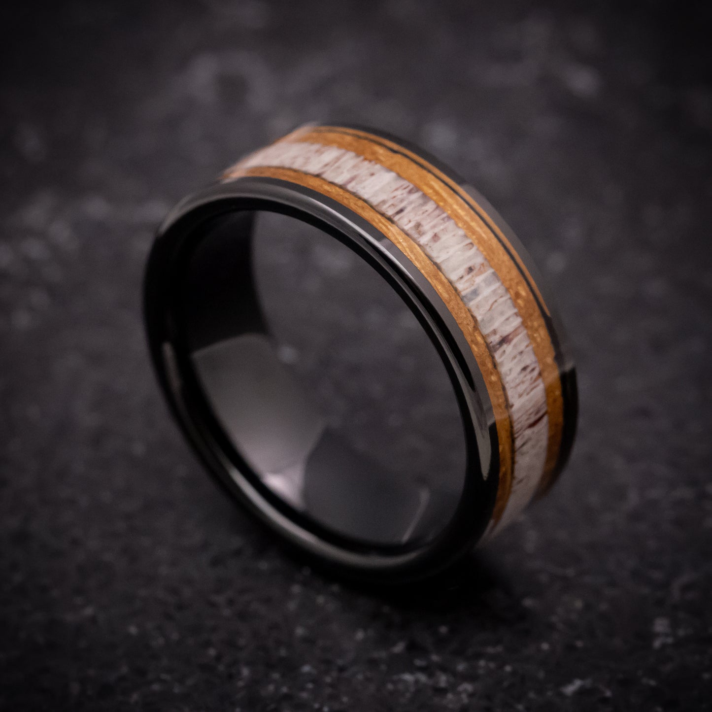 Black Tungsten Ring with Whiskey Barrel Wood and Antler Inlay