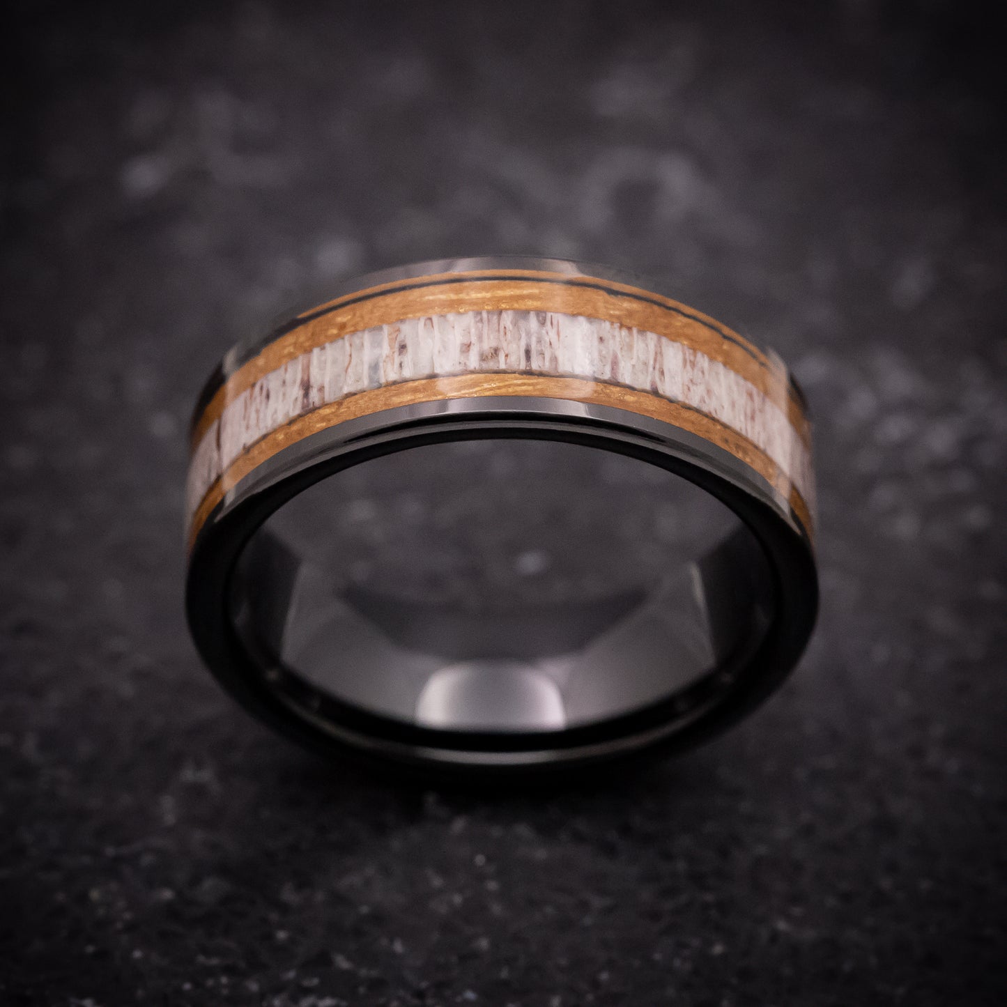 Black Tungsten Ring with Whiskey Barrel Wood and Antler Inlay