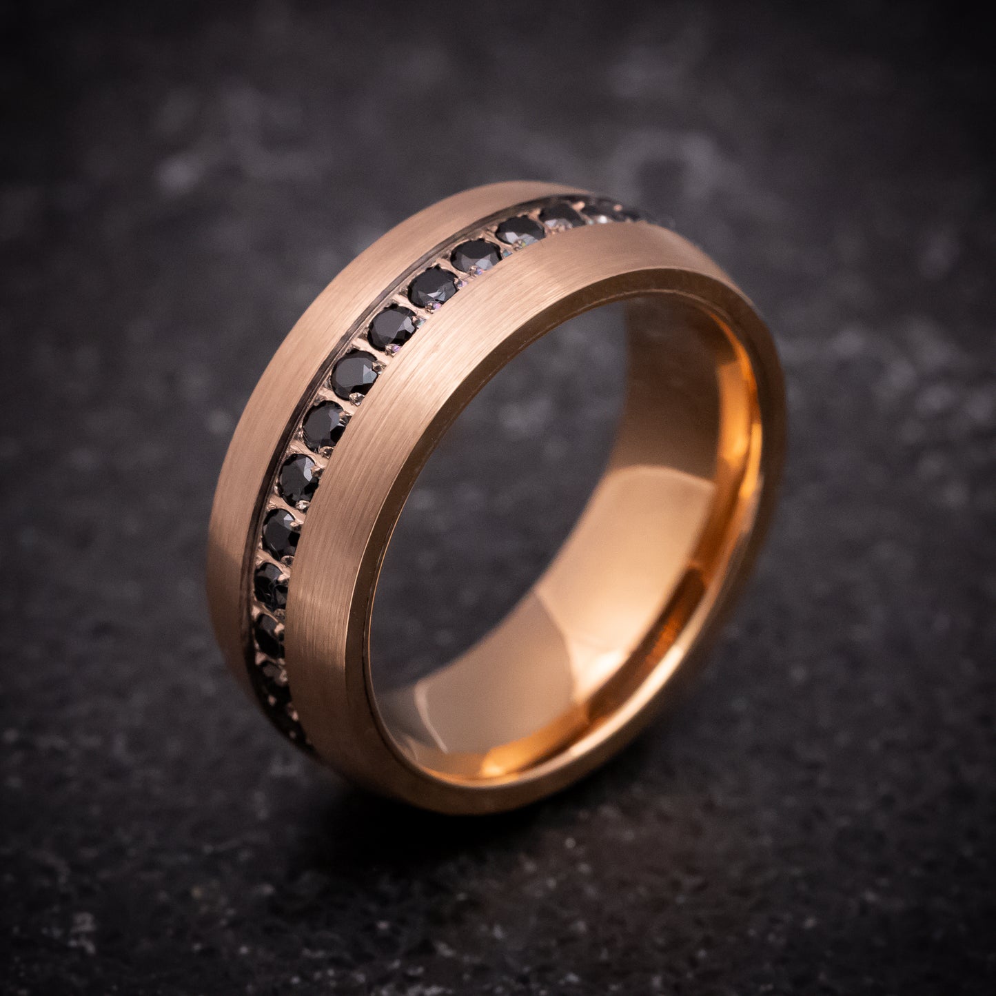 Rose Gold Tungsten Ring with Black Stones