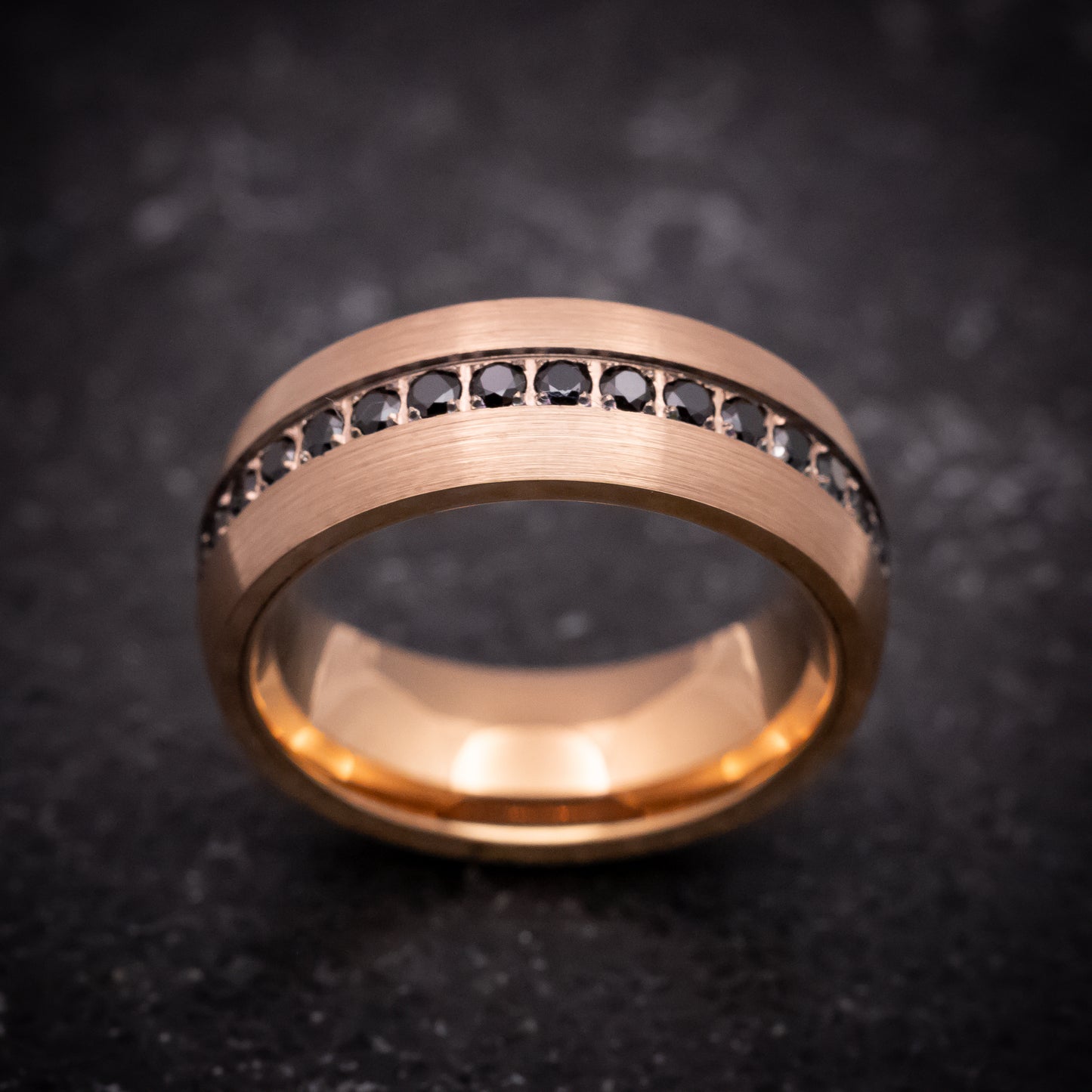 Rose Gold Tungsten Ring with Black Stones