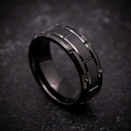 Black Tungsten Ring with Brick Pattern