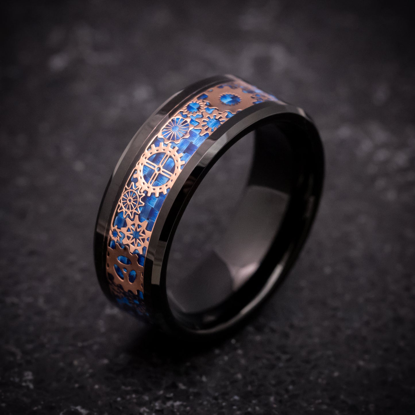 Black Tungsten Ring with Blue Carbon Fiber and Mechanical Pattern