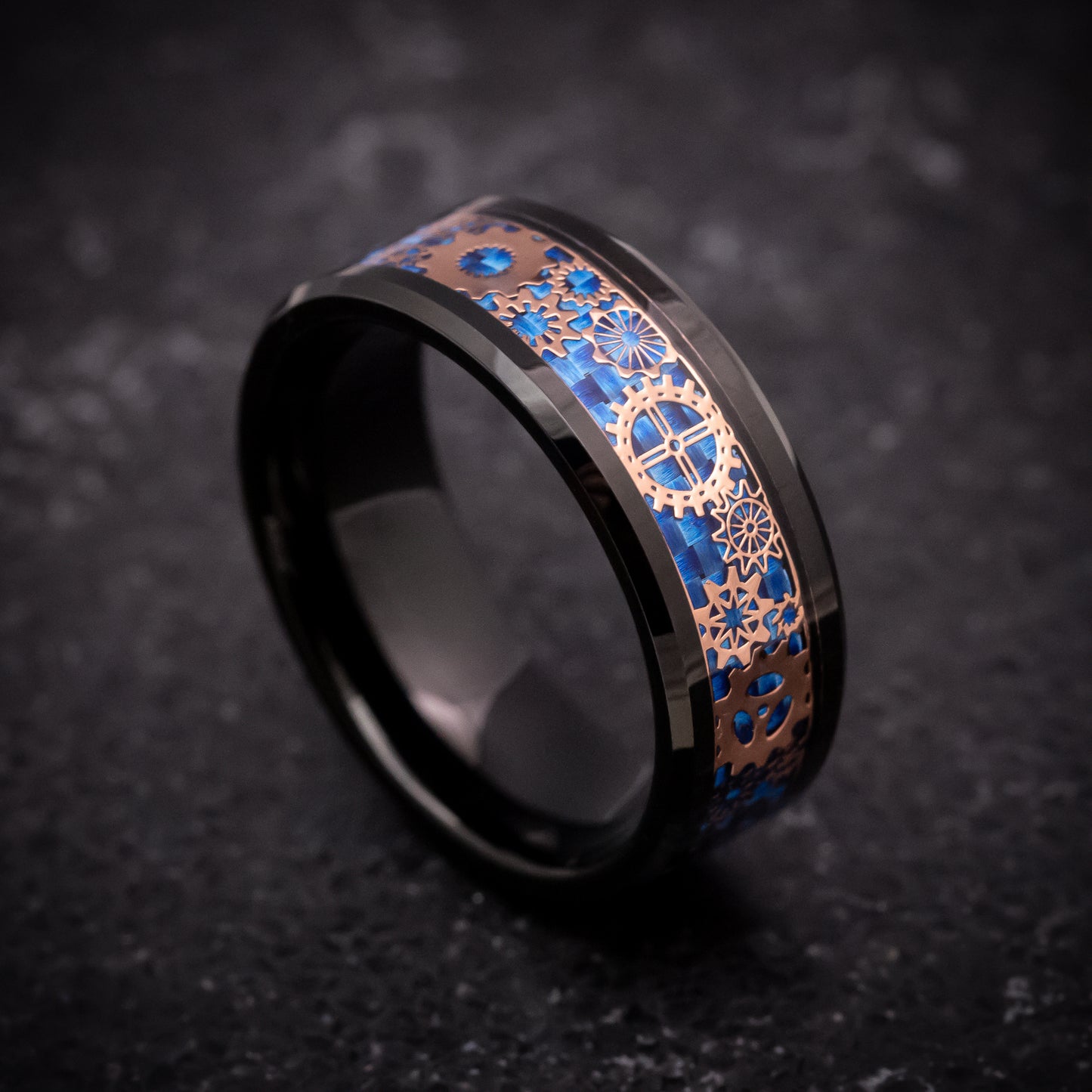 Black Tungsten Ring with Blue Carbon Fiber and Mechanical Pattern