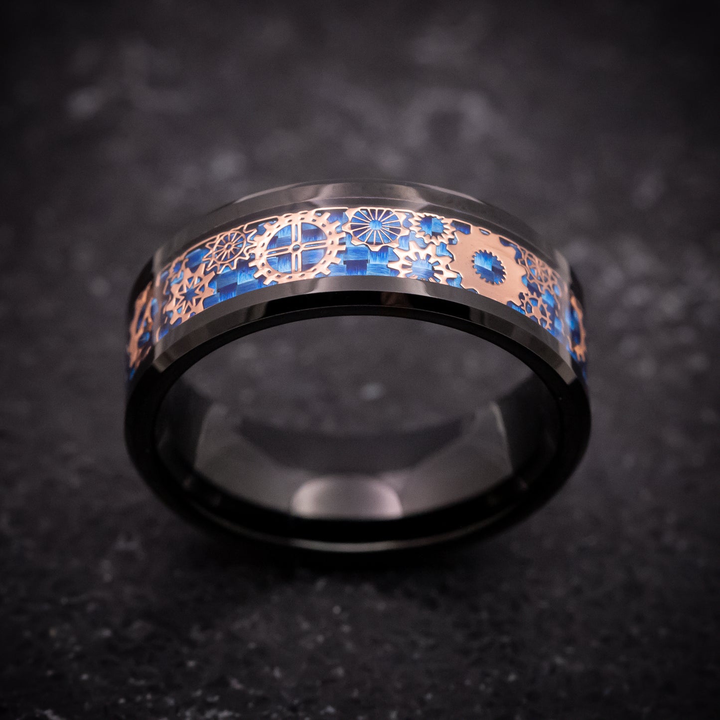 Black Tungsten Ring with Blue Carbon Fiber and Mechanical Pattern