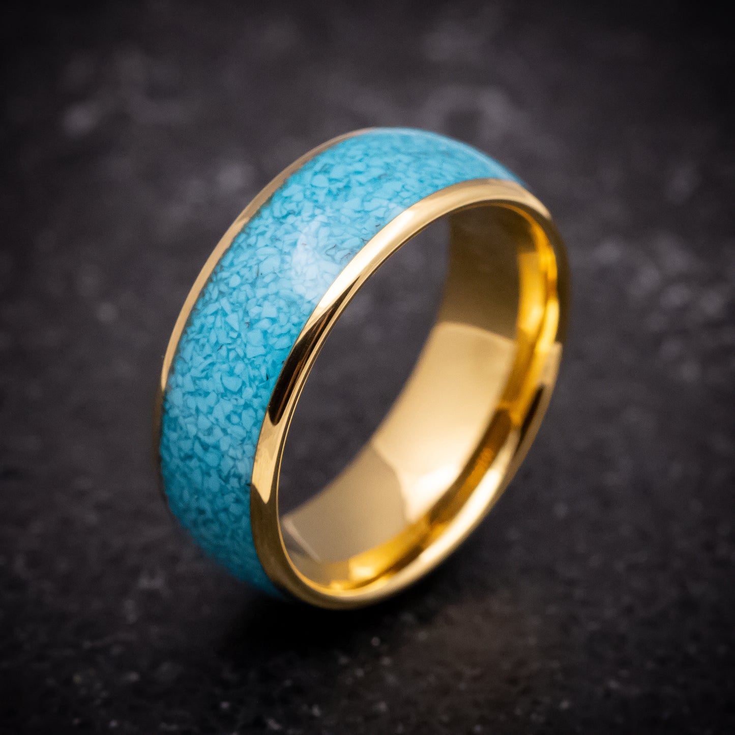 Yellow Gold Tungsten Ring with Turquoise Inlay