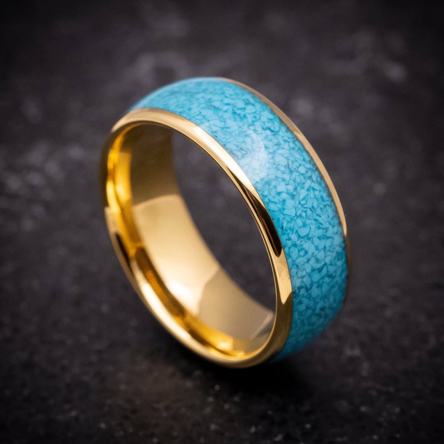 Yellow Gold Tungsten Ring with Turquoise Inlay