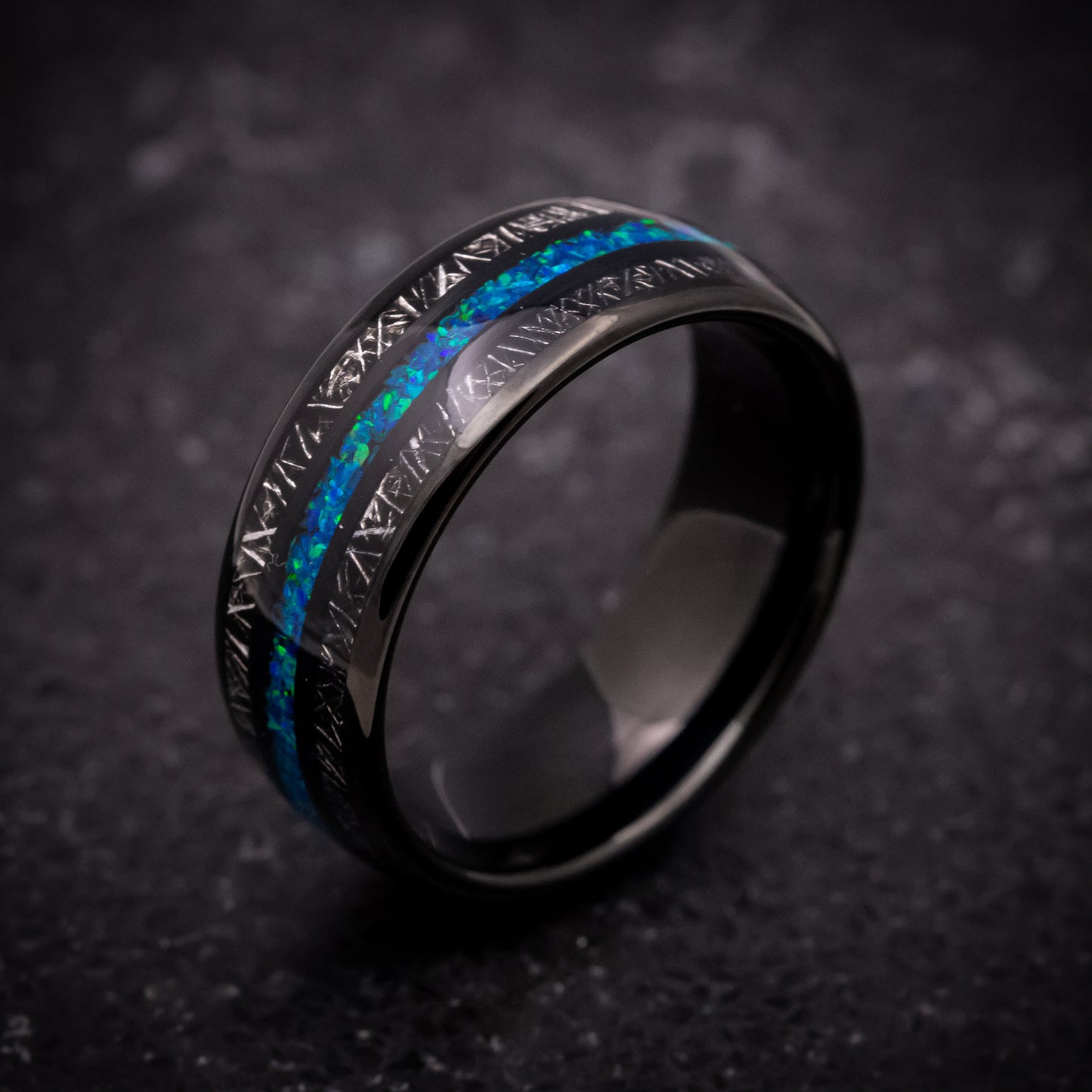 Black Tungsten Ring with Titanium Shavings and Opal Inlays