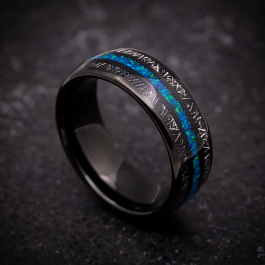 Black Tungsten Ring with Titanium Shavings and Opal Inlays