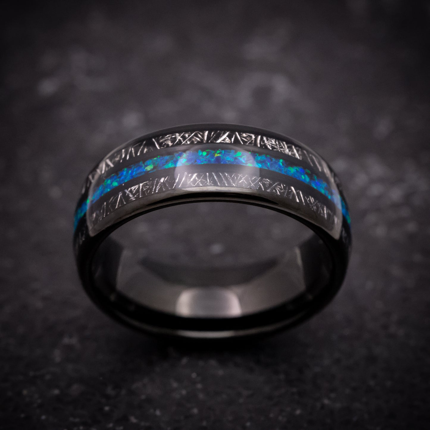 Black Tungsten Ring with Titanium Shavings and Opal Inlays