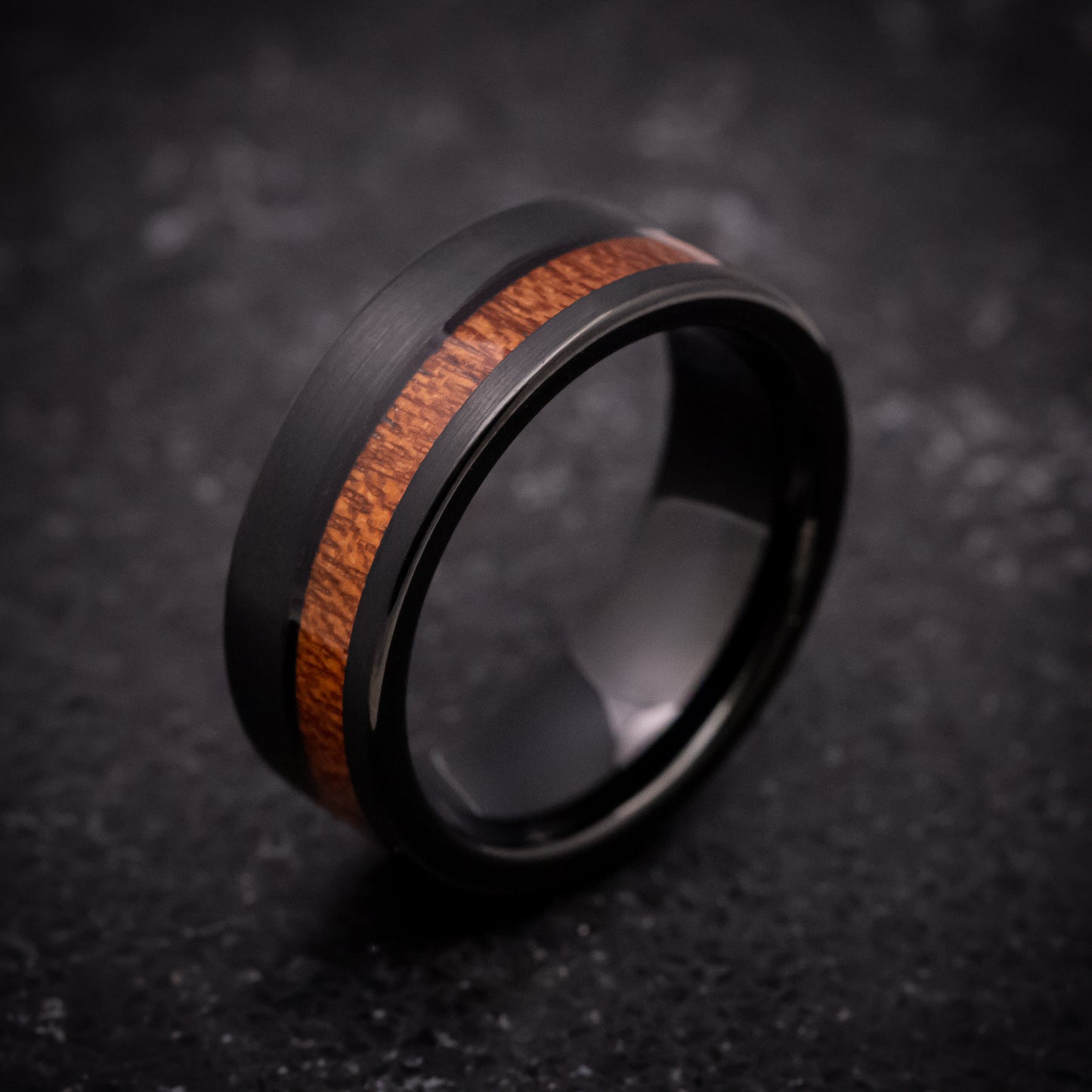 Black Tungsten Ring with Hawaiian Koa Wood Inlay