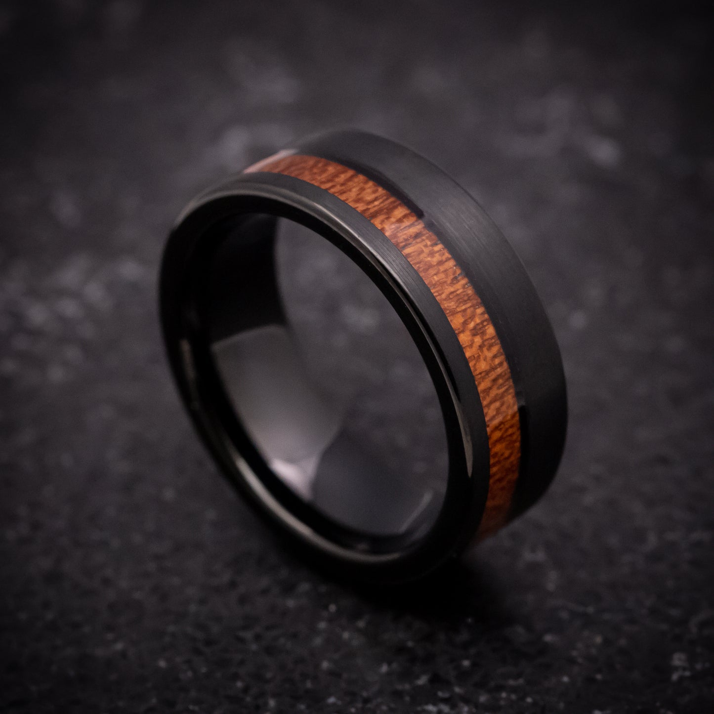 Black Tungsten Ring with Hawaiian Koa Wood Inlay