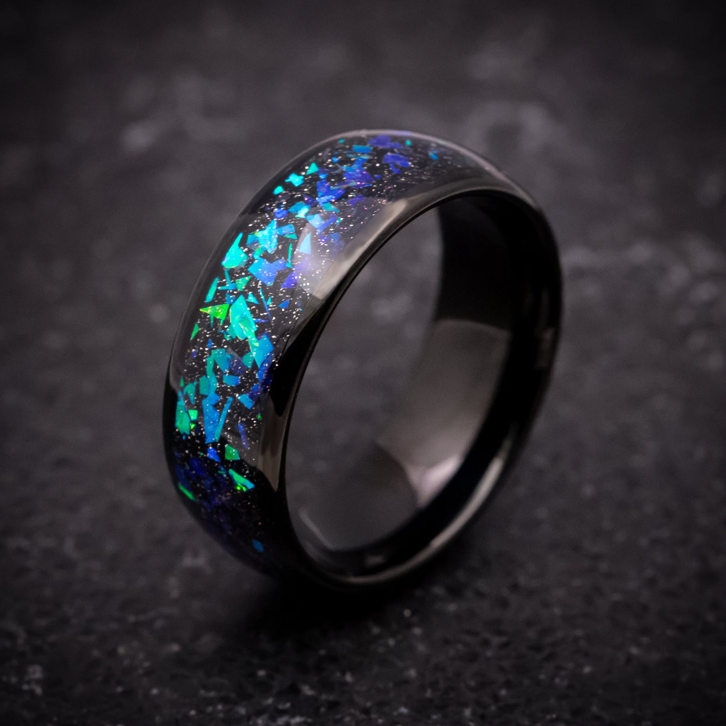 Black Tungsten Ring with Opal and Abalone Inlay