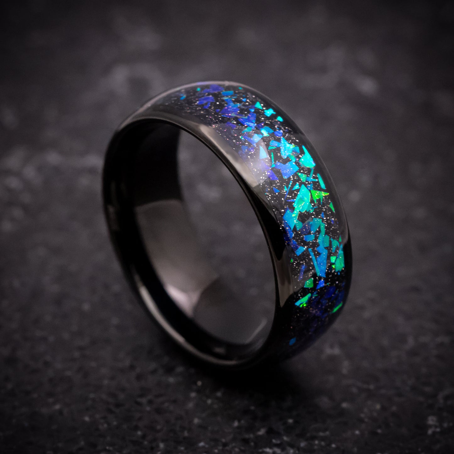 Black Tungsten Ring with Opal and Abalone Inlay