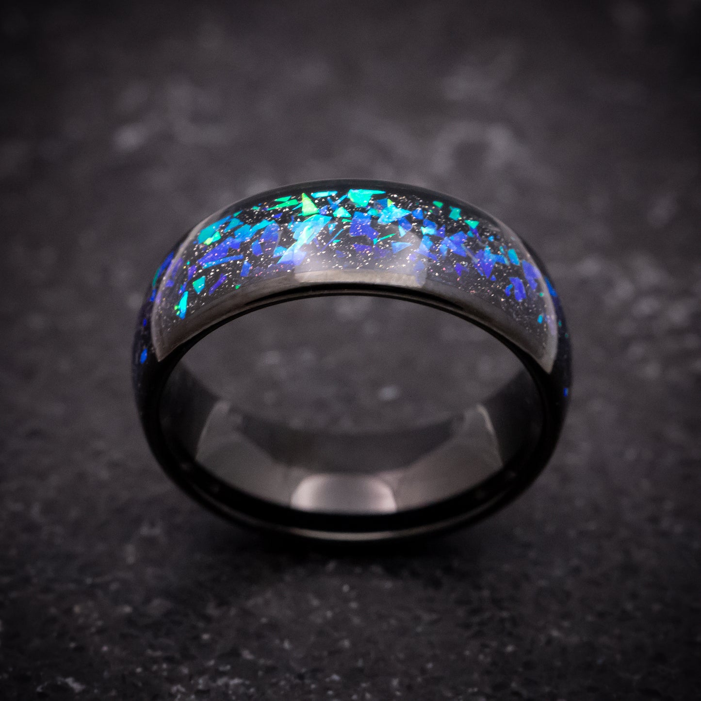 Black Tungsten Ring with Opal and Abalone Inlay