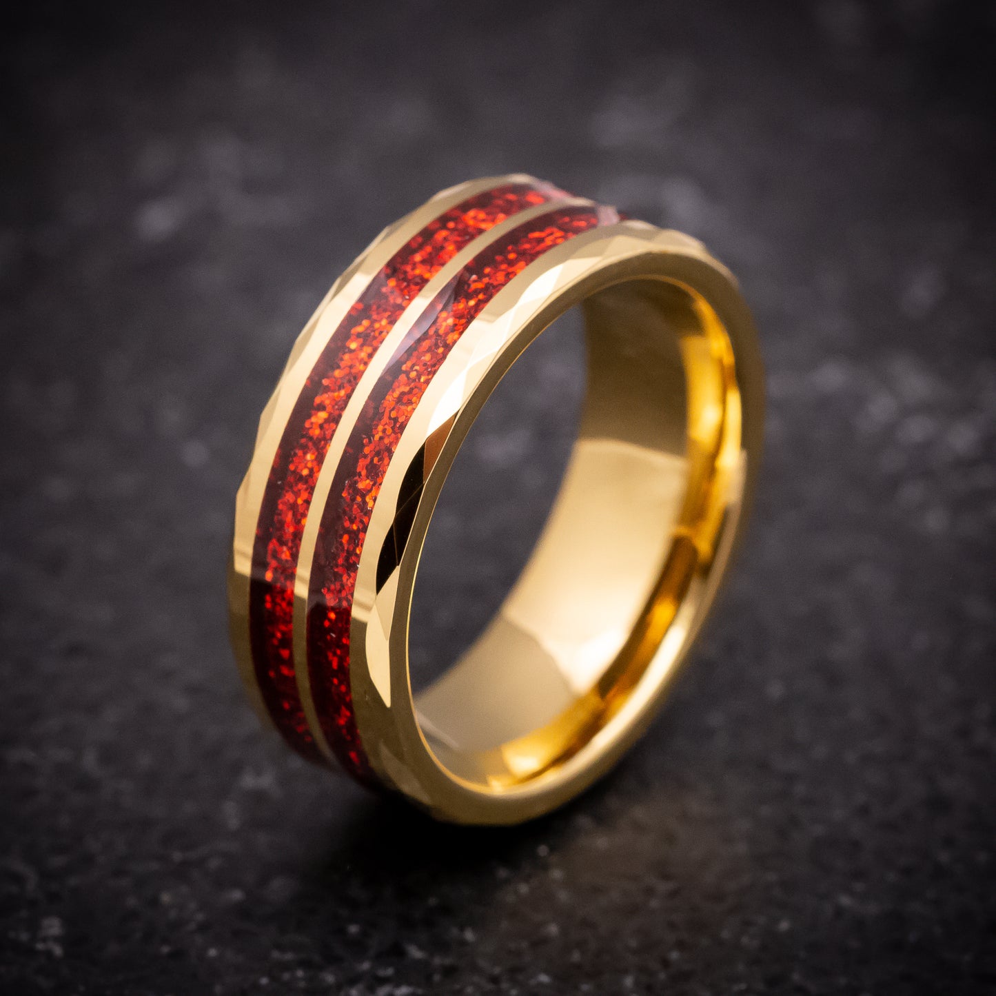 Yellow Gold Tungsten Ring with Red Spark Inlay