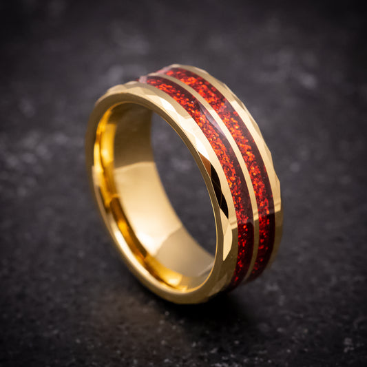 Yellow Gold Tungsten Ring with Red Spark Inlay