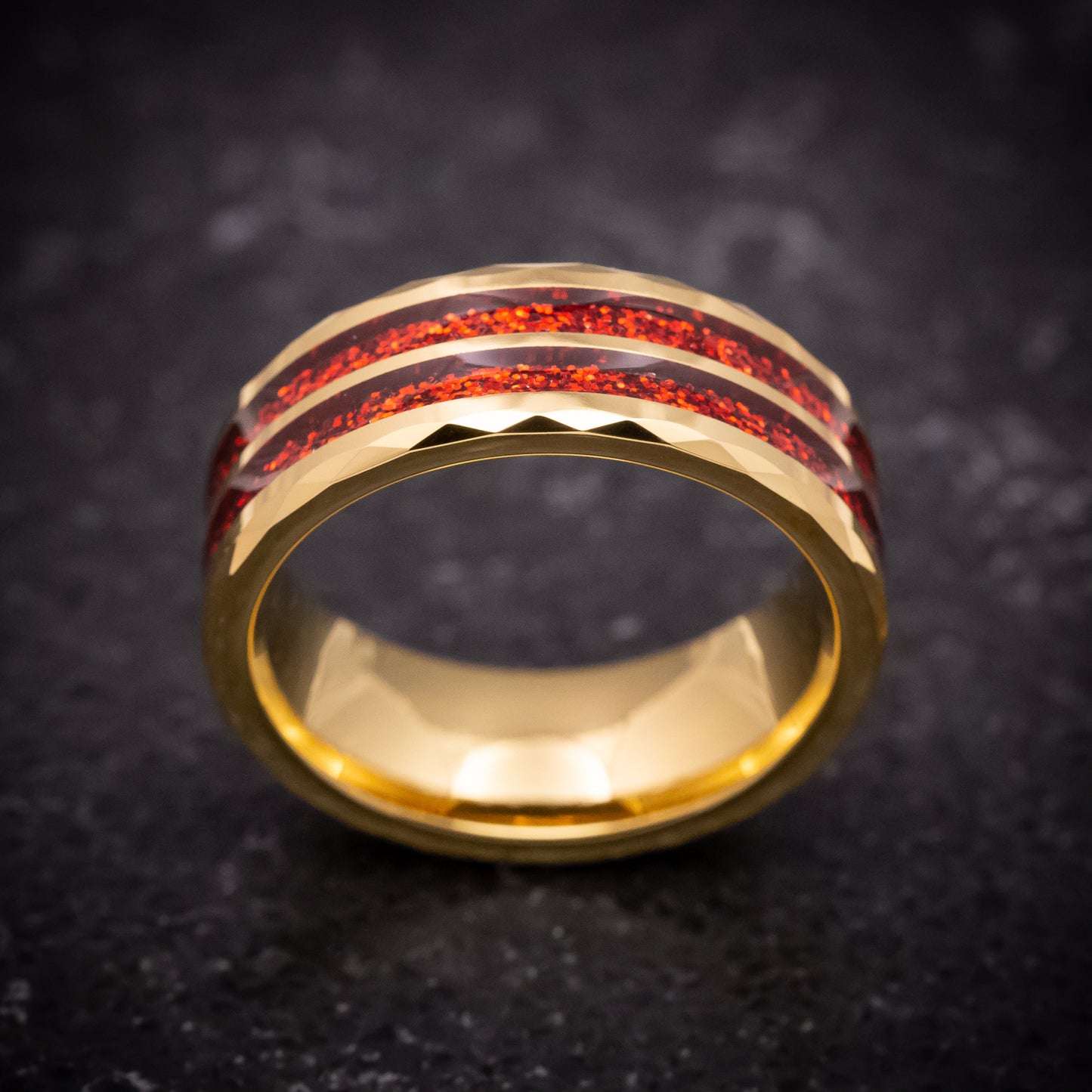 Yellow Gold Tungsten Ring with Red Spark Inlay