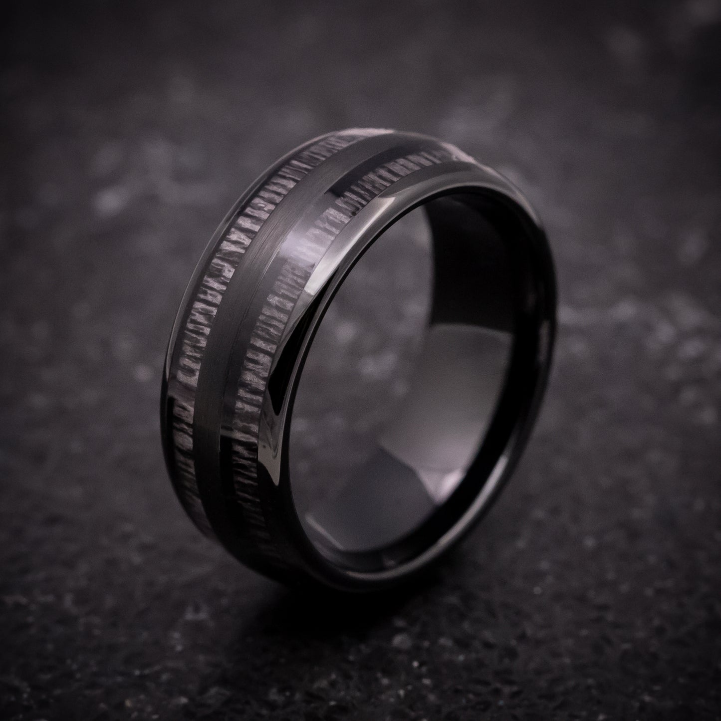 Black Tungsten Ring with Charcoal Wood Inlays