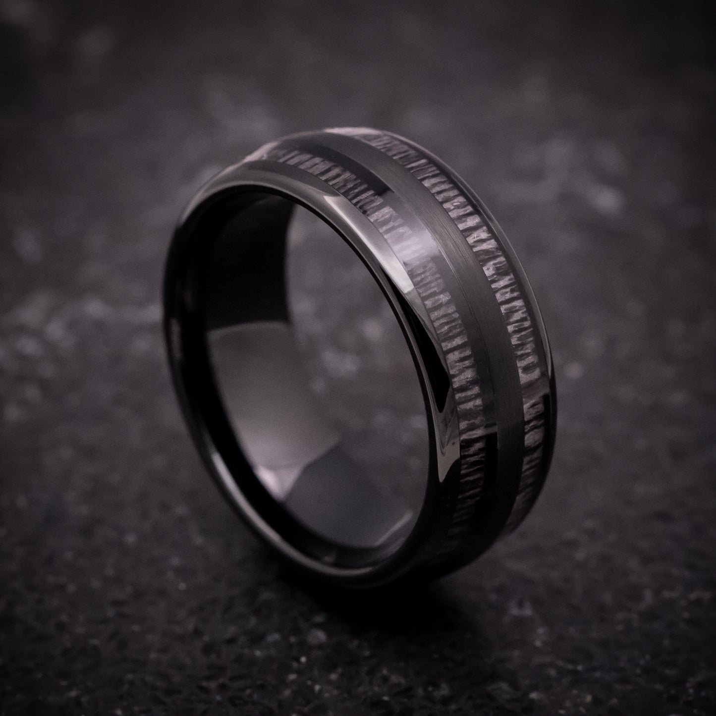 Black Tungsten Ring with Charcoal Wood Inlays