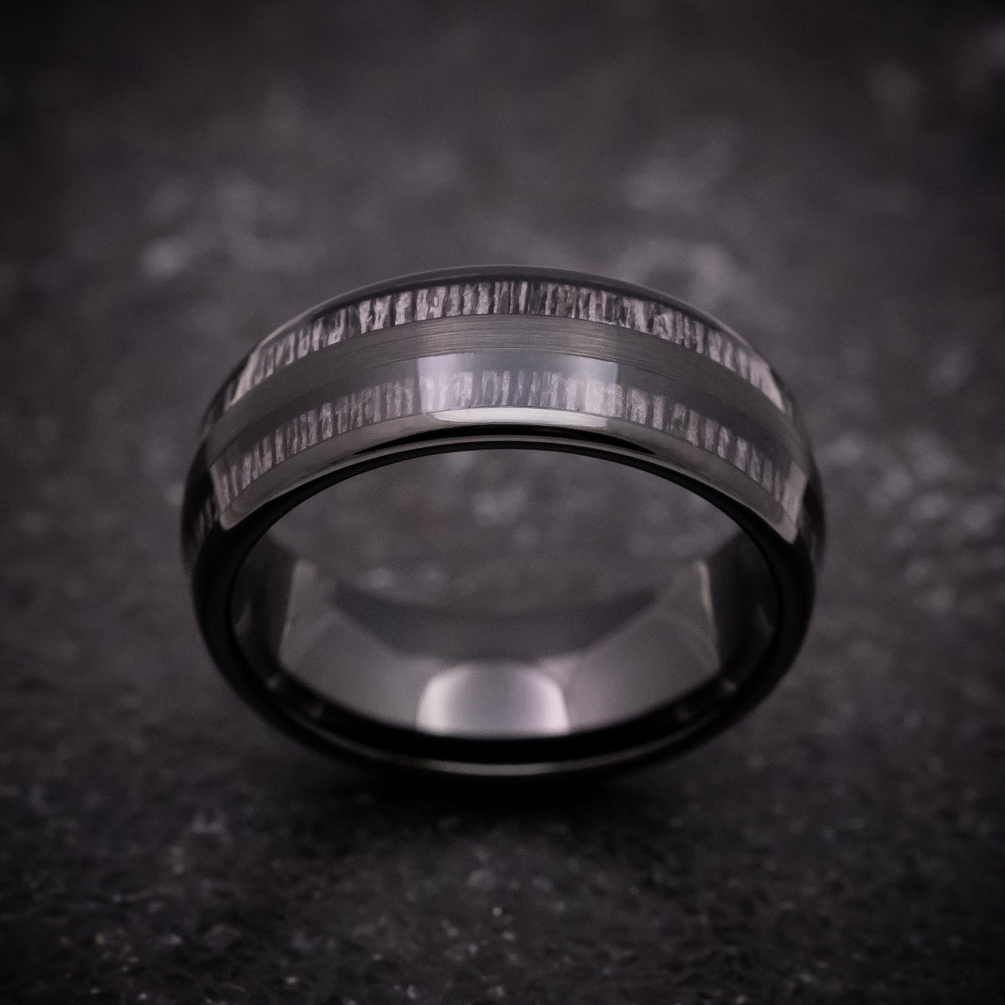 Black Tungsten Ring with Charcoal Wood Inlays