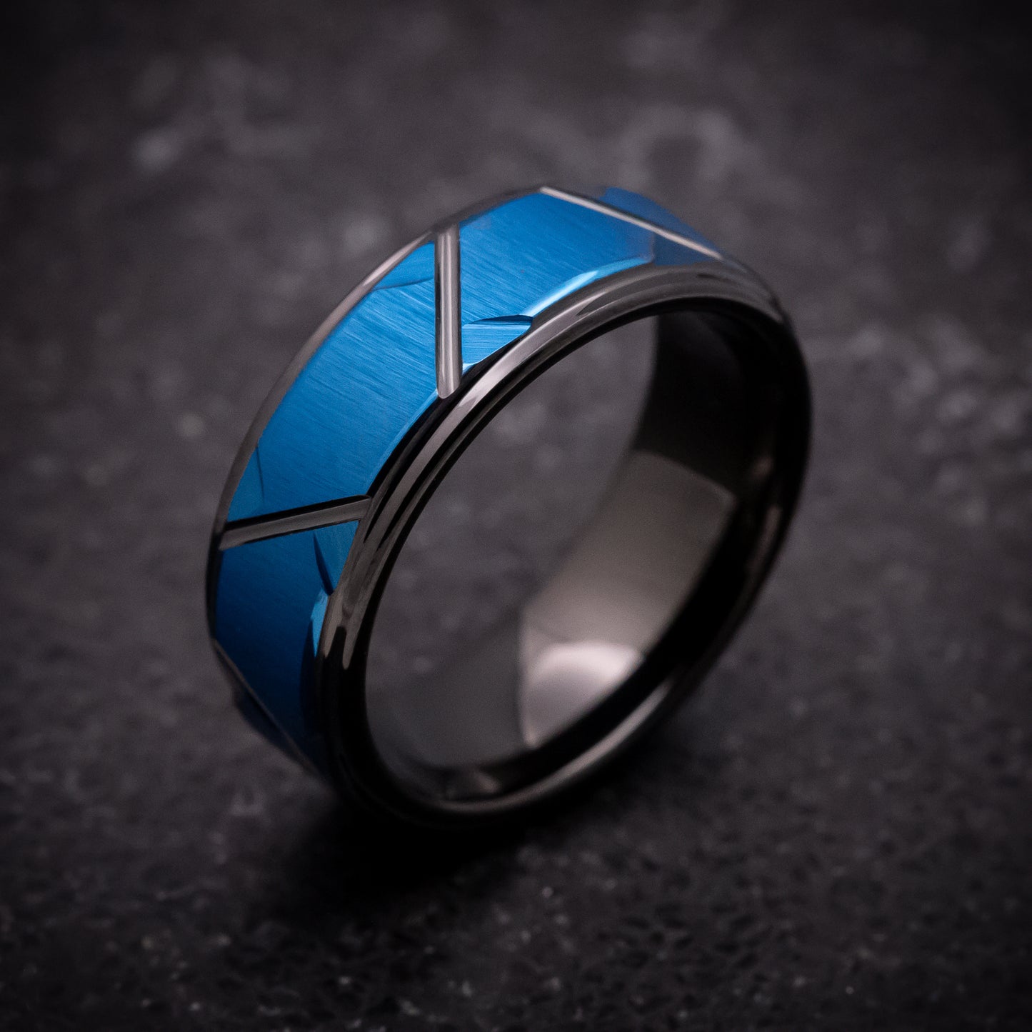 Black Tungsten Ring with Geometric Pattern and Blue Anodized Color