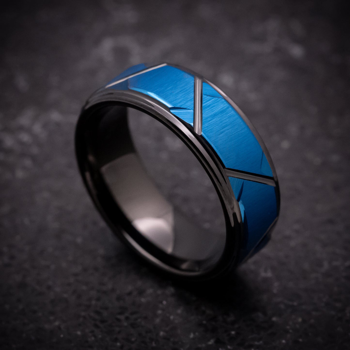 Black Tungsten Ring with Geometric Pattern and Blue Anodized Color