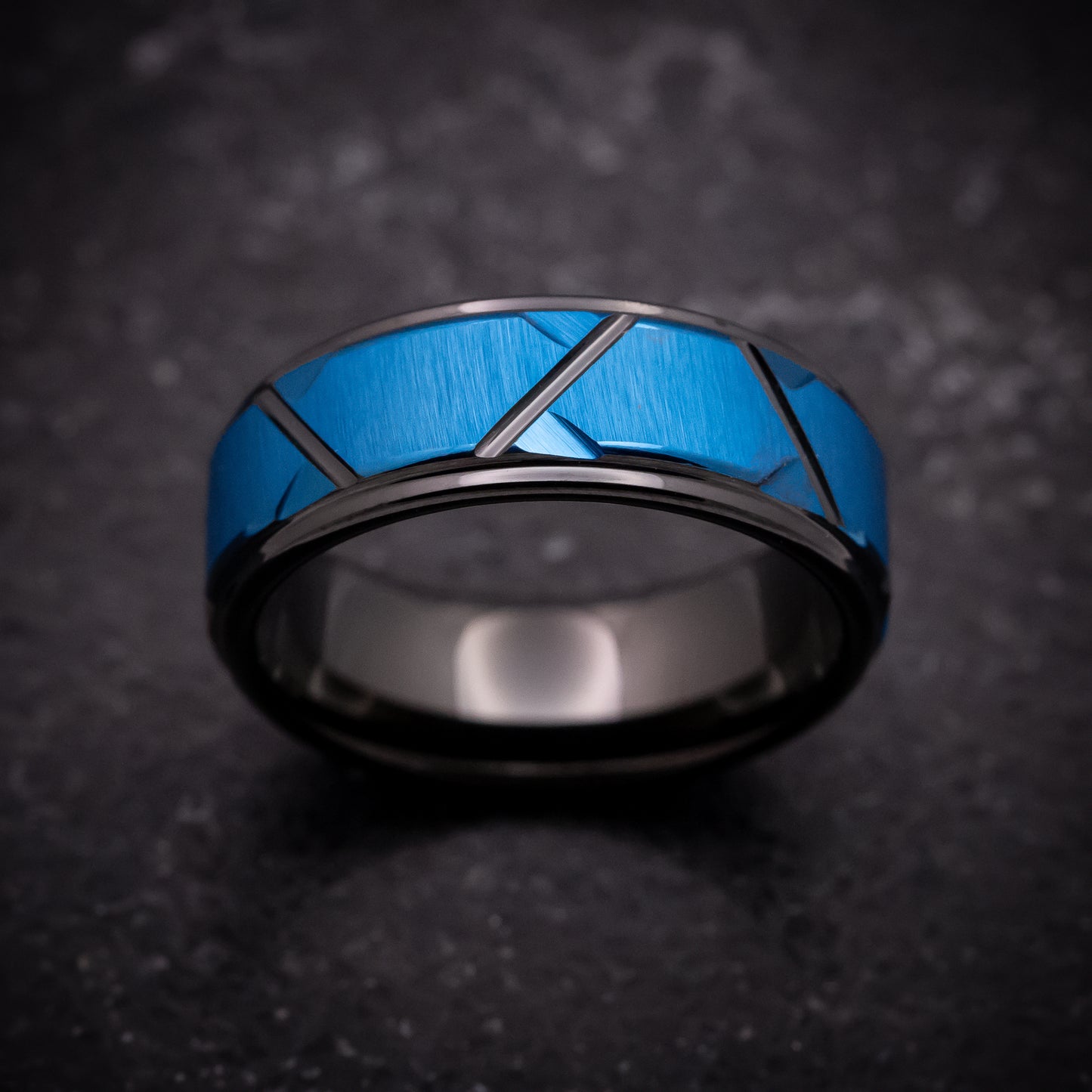 Black Tungsten Ring with Geometric Pattern and Blue Anodized Color