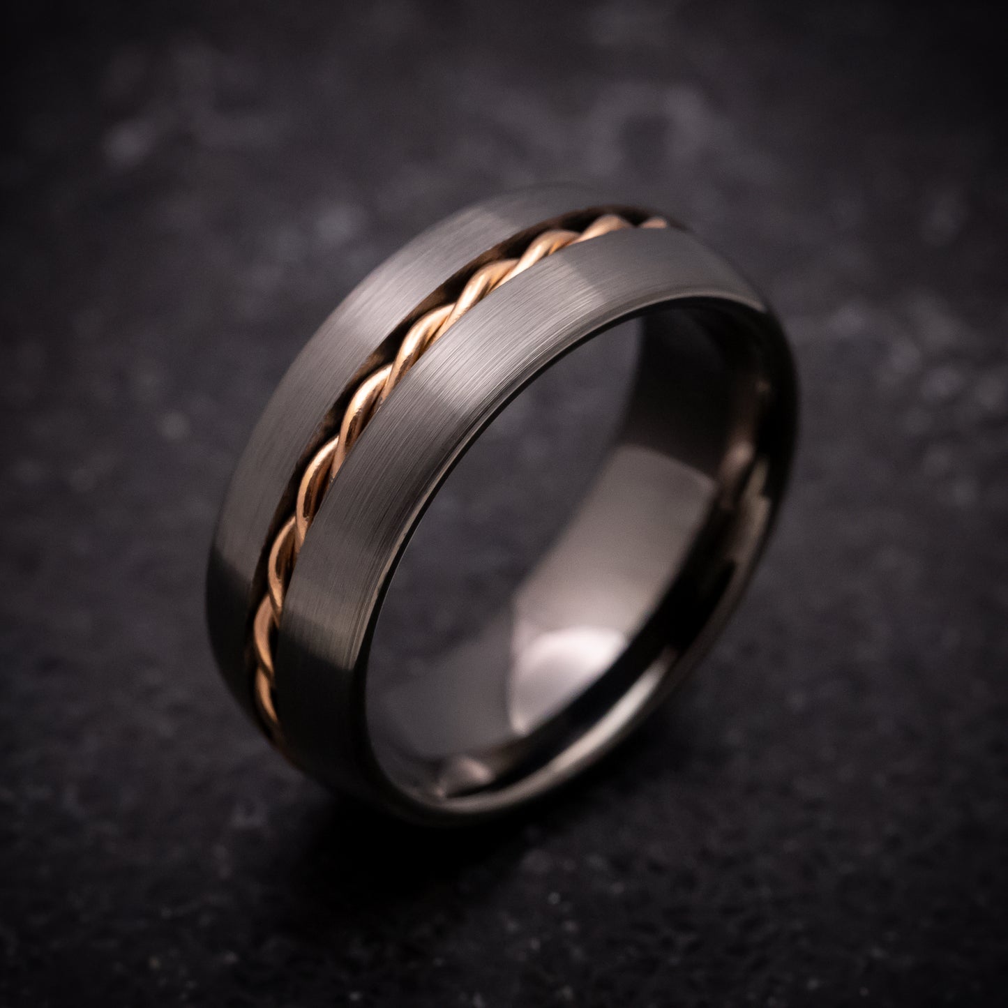 Gun Metal Tungsten Ring with Rose Gold Rope Inlay