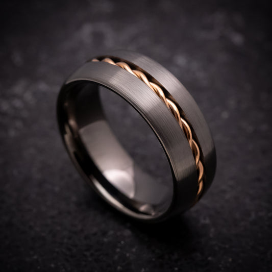 Gun Metal Tungsten Ring with Rose Gold Rope Inlay