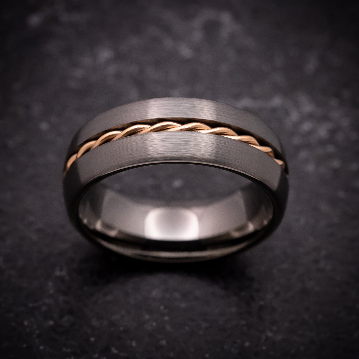 Gun Metal Tungsten Ring with Rose Gold Rope Inlay