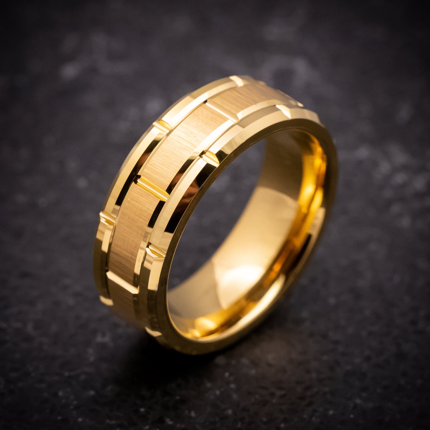 Yellow Gold Tungsten Ring with Brick Pattern