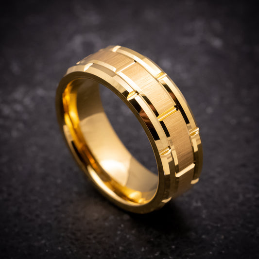 Yellow Gold Tungsten Ring with Brick Pattern