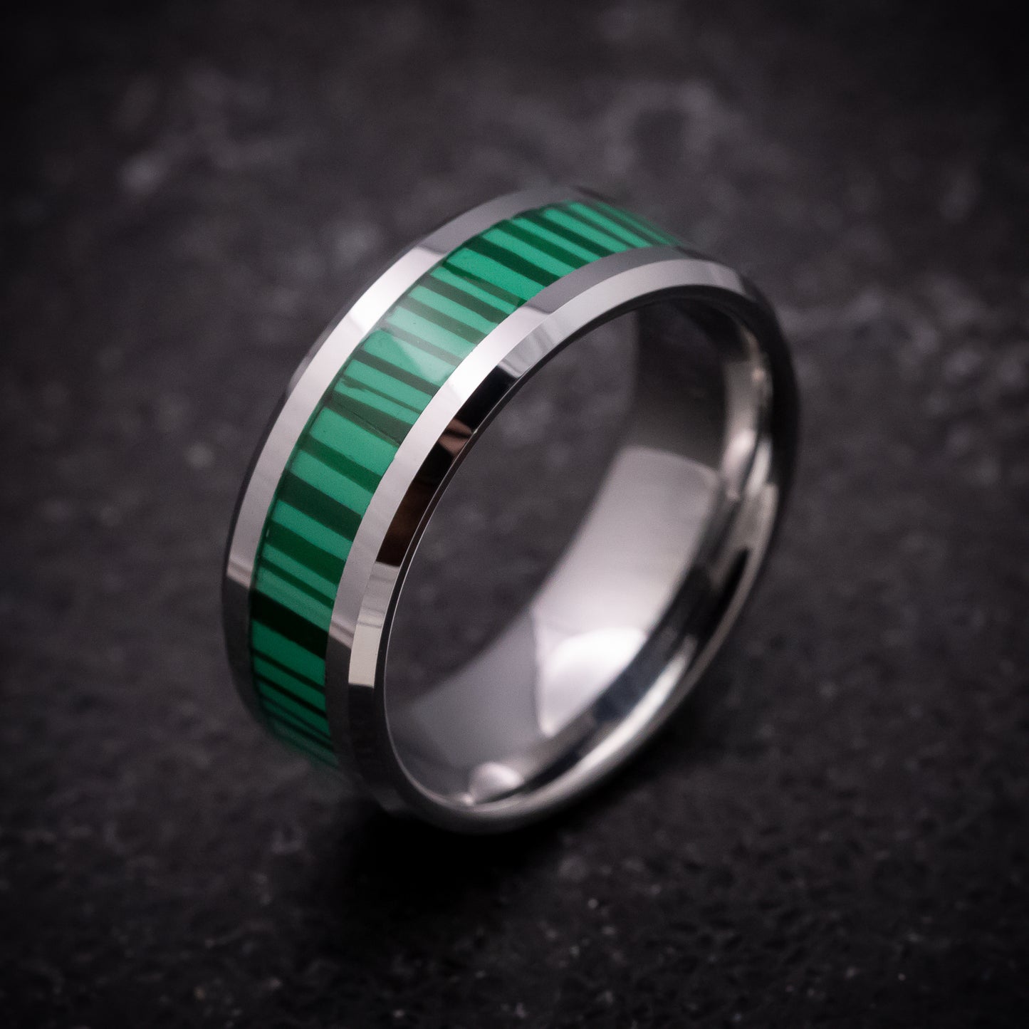 Tungsten Ring with Green Bamboo Pattern Inlay