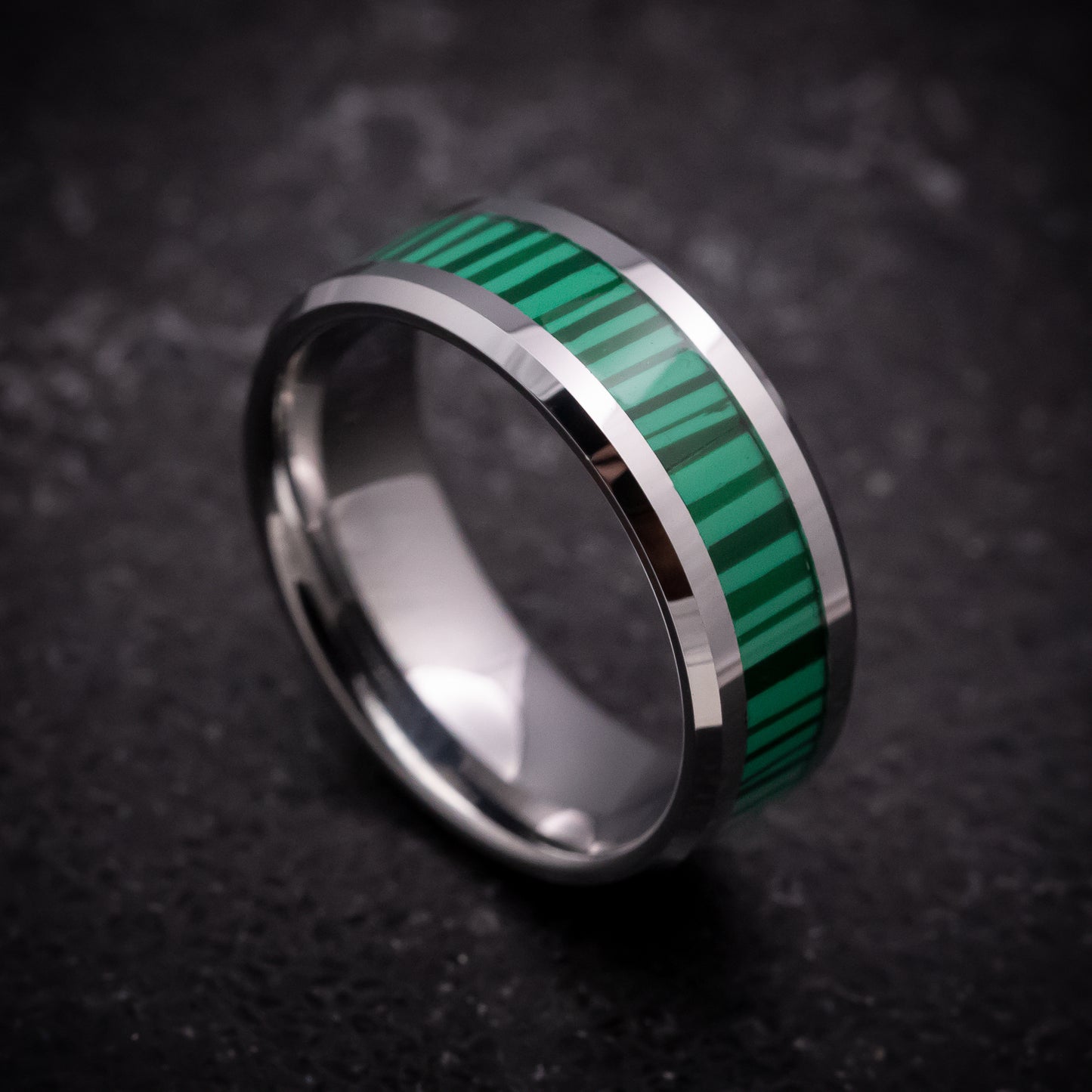 Tungsten Ring with Green Bamboo Pattern Inlay