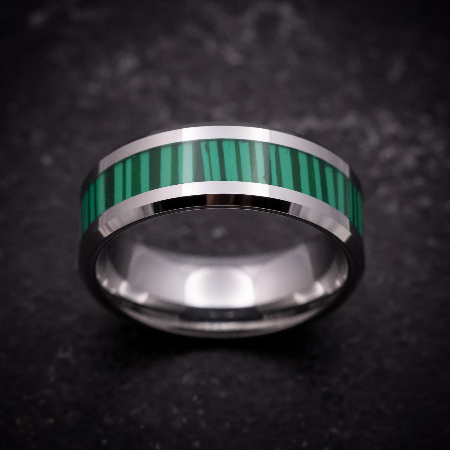 Tungsten Ring with Green Bamboo Pattern Inlay