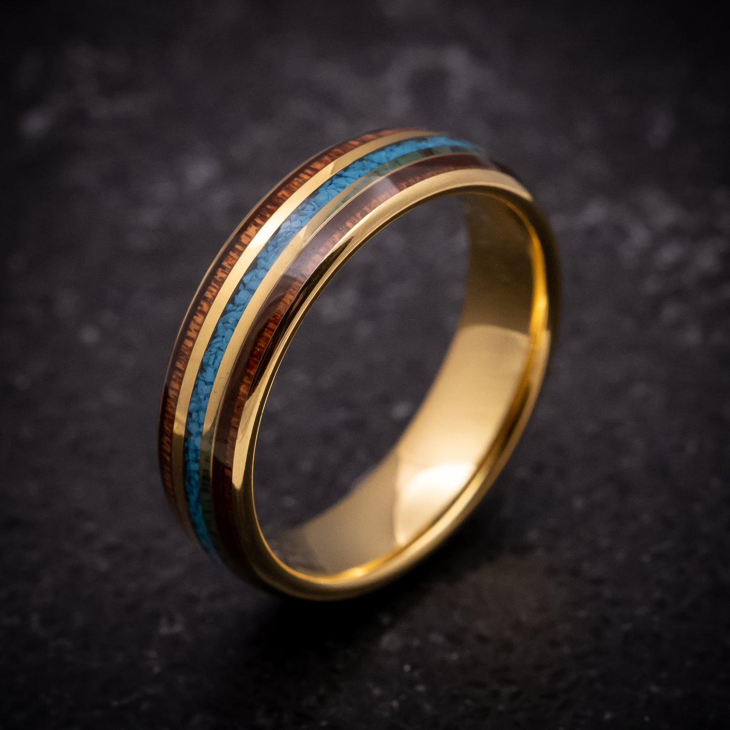 Yellow Gold Tungsten Ring with Rosewood and Turquoise Inlay