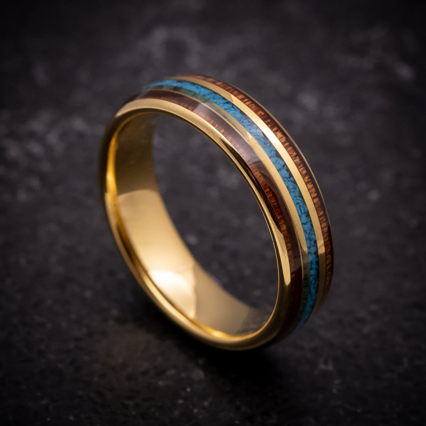 Yellow Gold Tungsten Ring with Rosewood and Turquoise Inlay