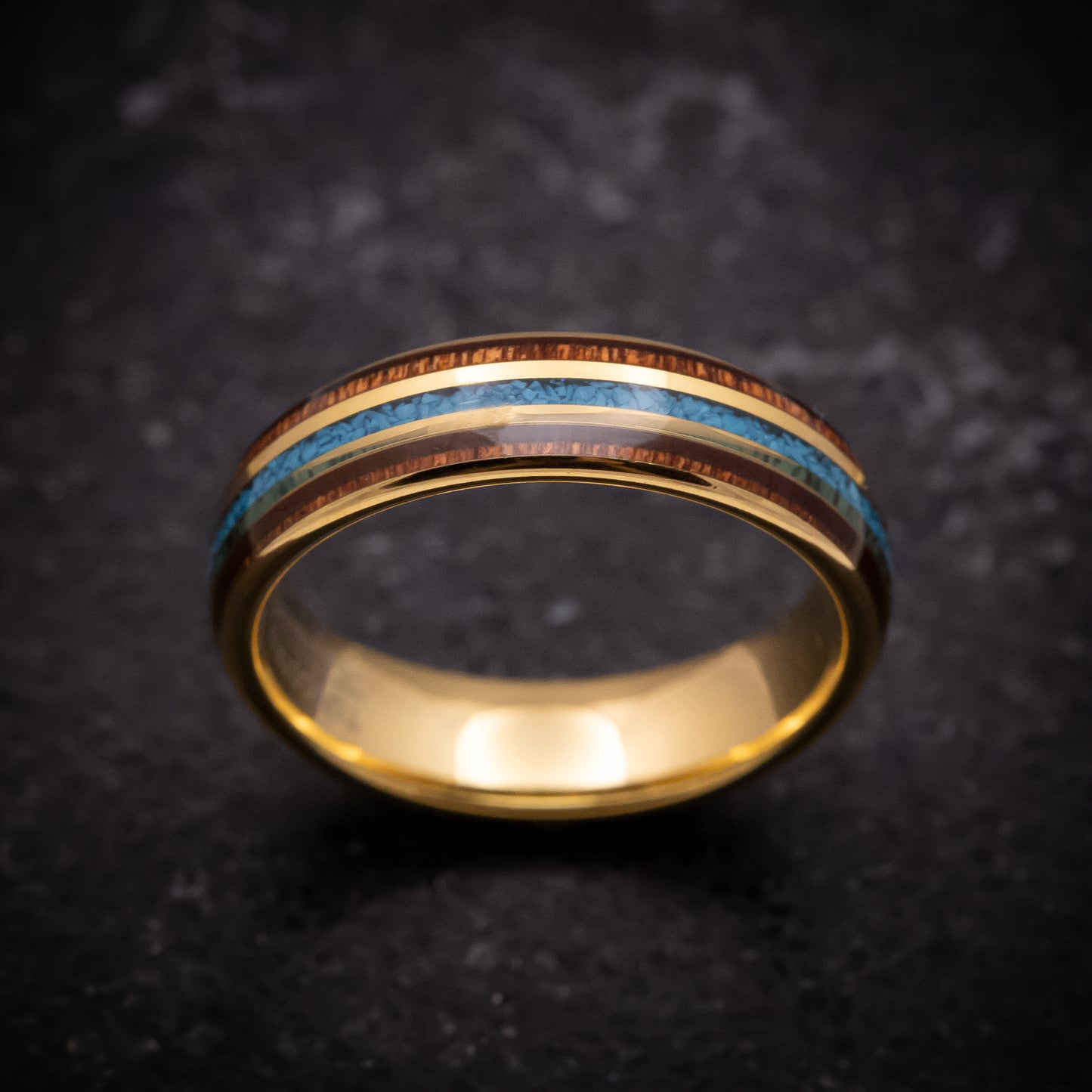 Yellow Gold Tungsten Ring with Rosewood and Turquoise Inlay