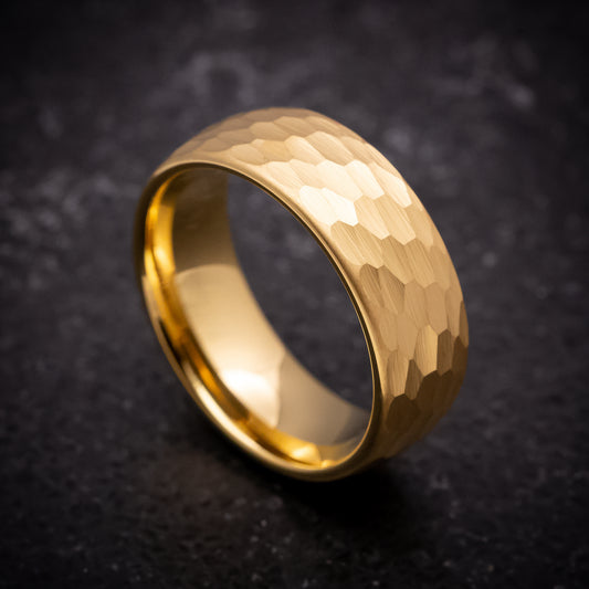 Yellow Gold Tungsten Ring with Hammer Finish