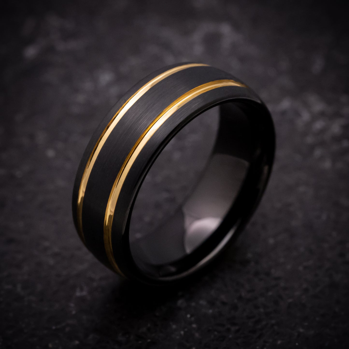 Black Tungsten Ring with Yellow Gold Inlays