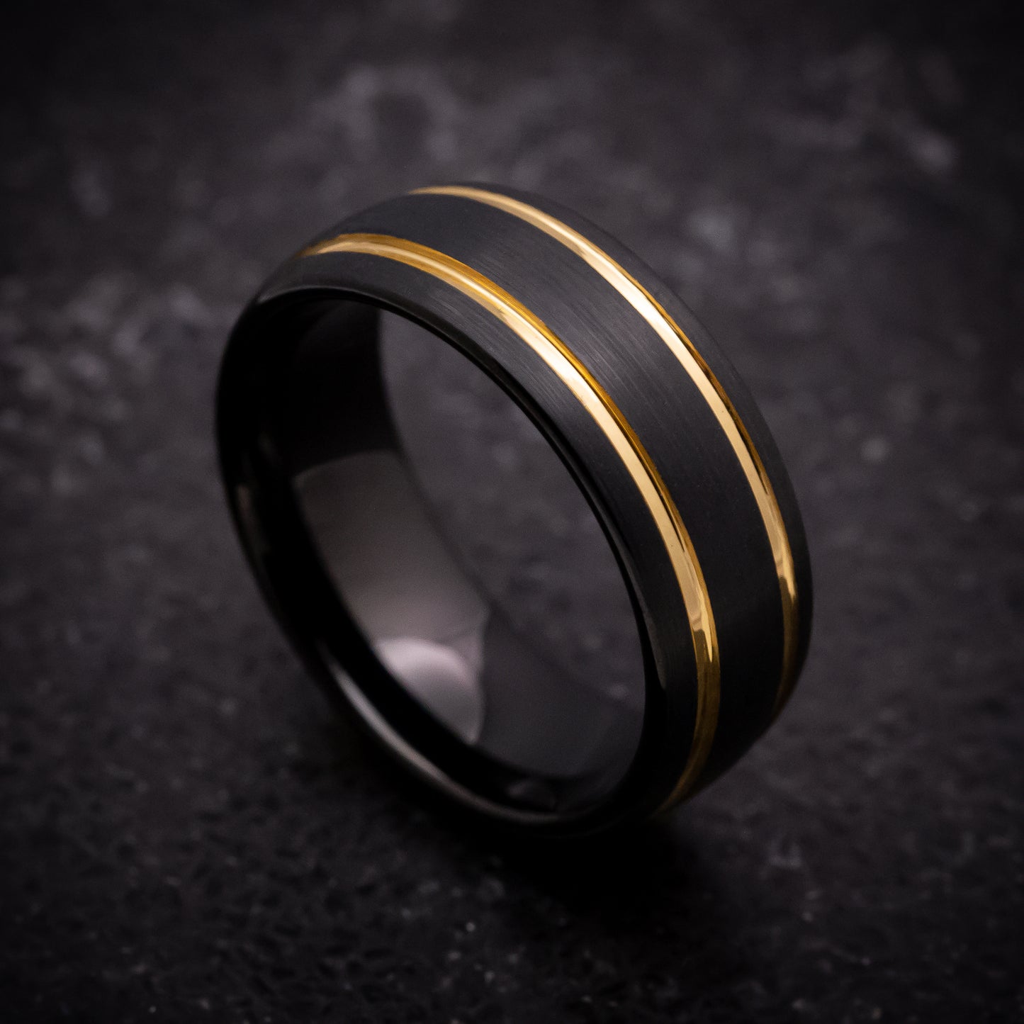 Black Tungsten Ring with Yellow Gold Inlays