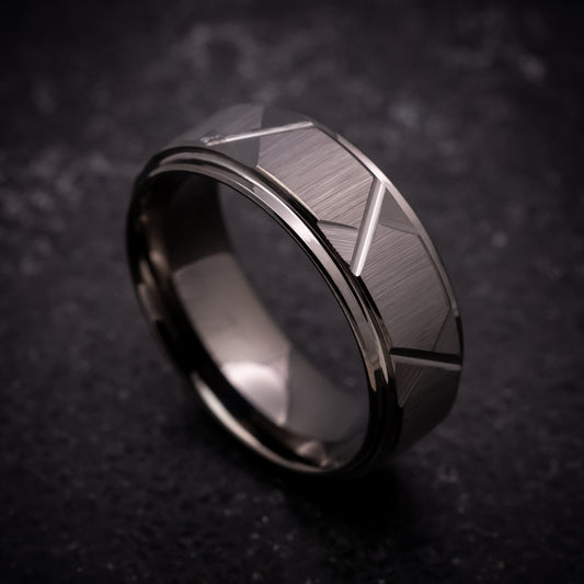 Gun Metal Tungsten Ring with Geometric Pattern