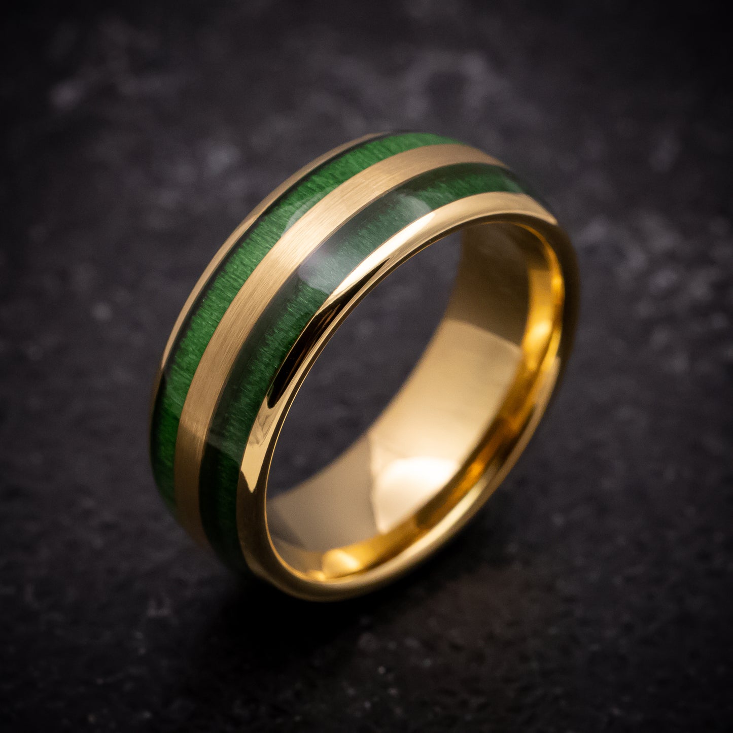 Yellow Gold Tungsten Ring with Jade Wood Inlays