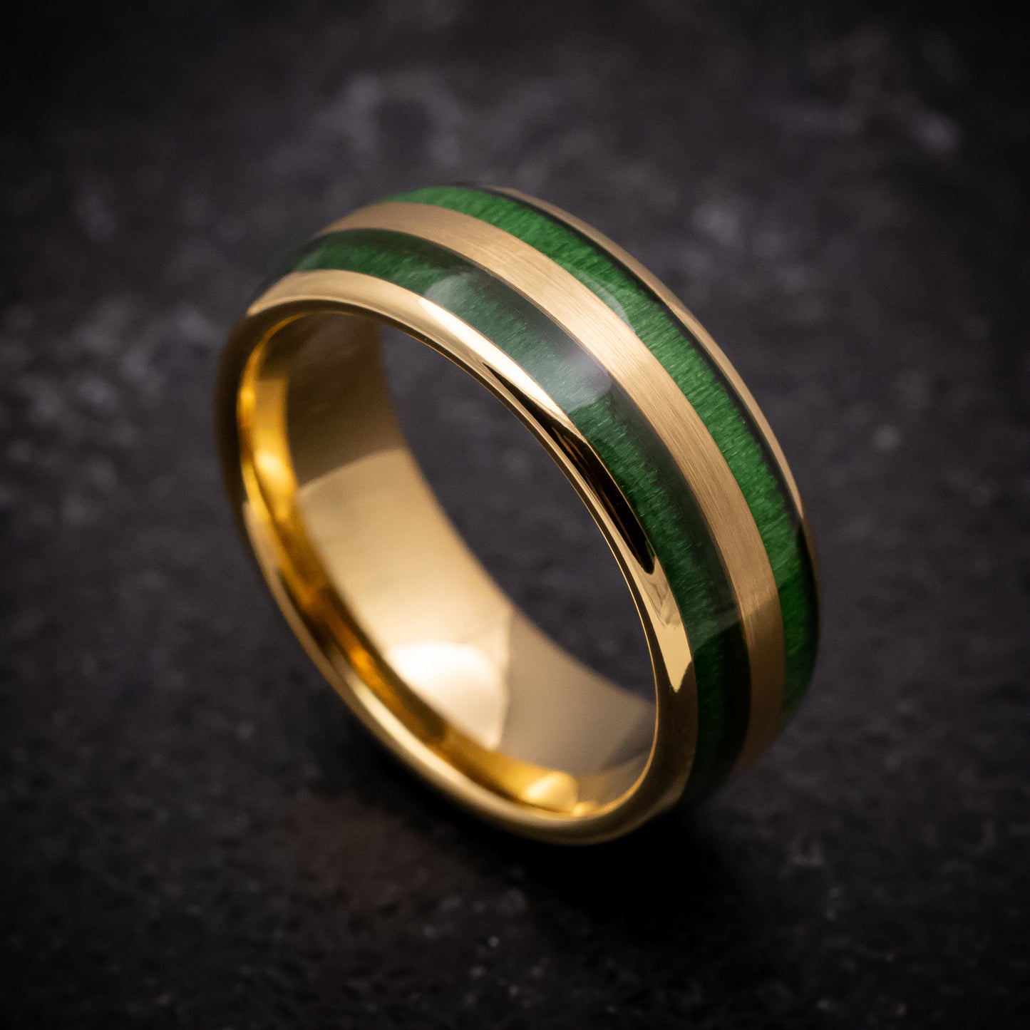 Yellow Gold Tungsten Ring with Jade Wood Inlays