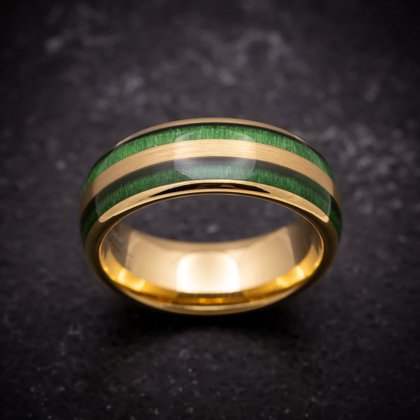 Yellow Gold Tungsten Ring with Jade Wood Inlays