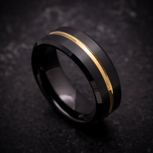 Black Tungsten Ring with Yellow Gold Inlay