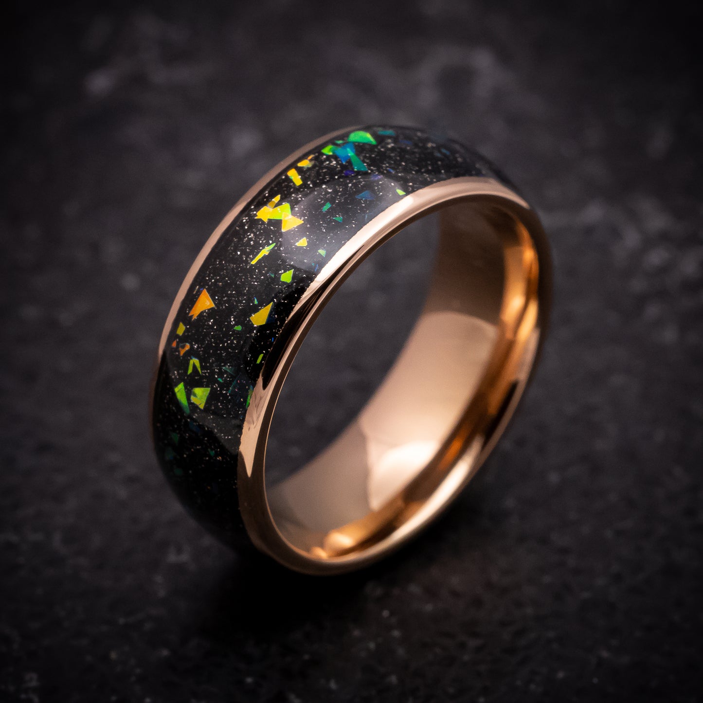 Rose Gold Tungsten Ring with Opal and Abalone Inlay