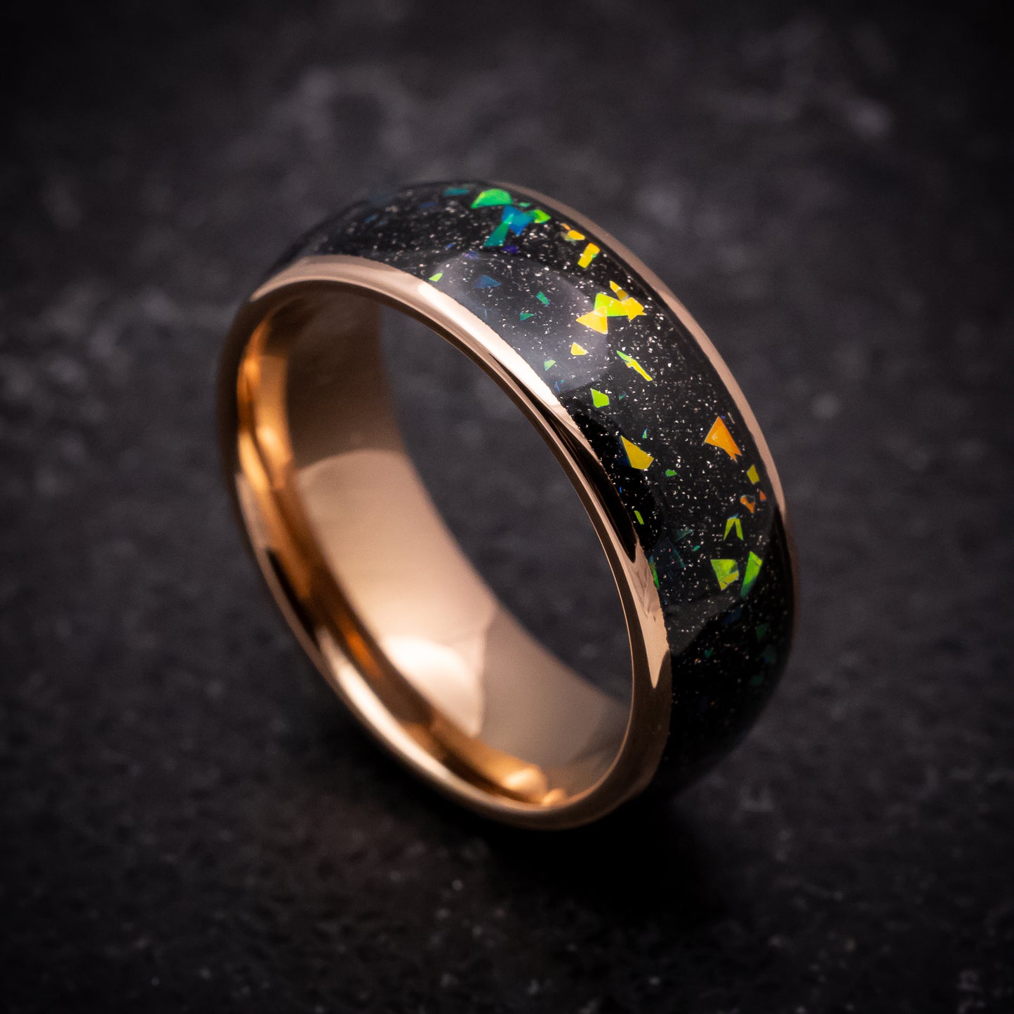 Rose Gold Tungsten Ring with Opal and Abalone Inlay